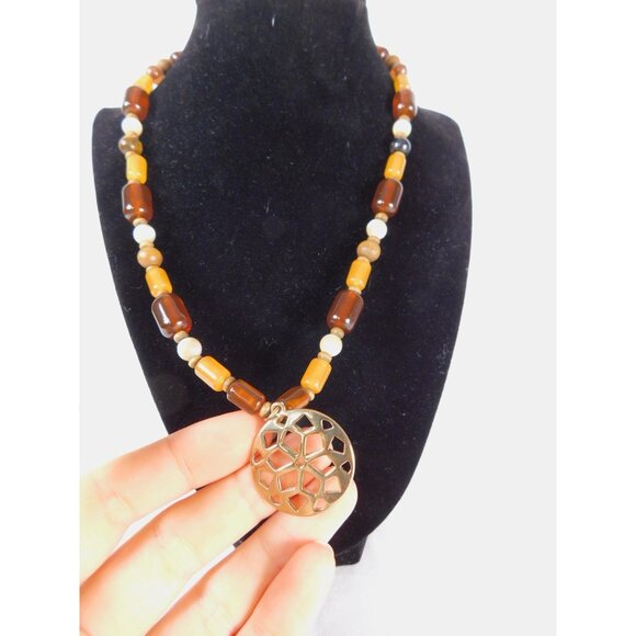 Vintage Beaded Pendant Necklace Boho Geometric Gold Tone Adjustable Statement Je - Picture 3 of 6